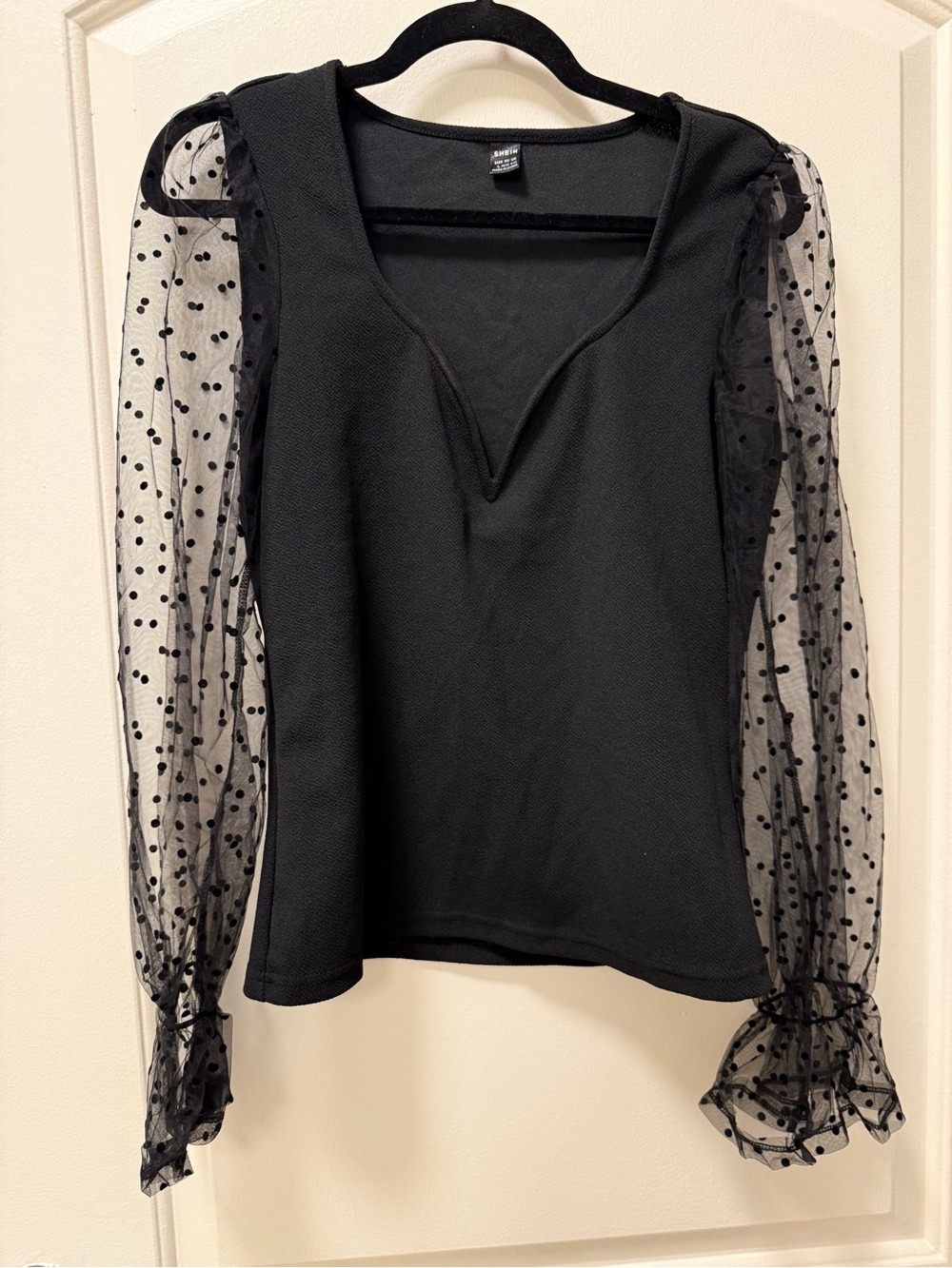 SHEIN Black Sheer Polka Dot Sleeve V-Neck Top